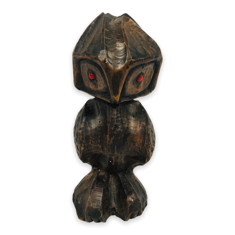 Vintage Norman‎ Campbell Owl Carving Wooden Wood Red Following Eyes 1990 Brown